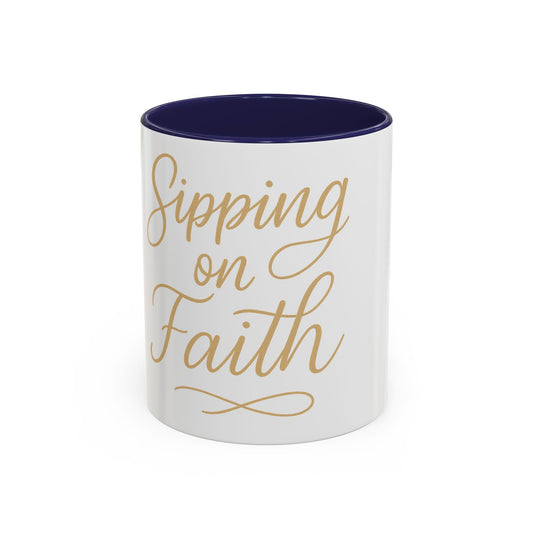 Sipping on Faith – Gold Script Ceramic Mug (11, 15oz)