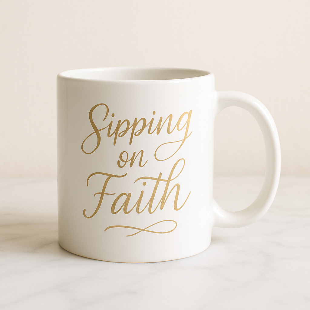 Sipping on Faith – Gold Script Ceramic Mug (11, 15oz)